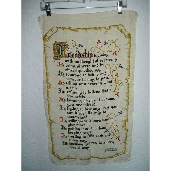 Vintage 70s FRIENDSHIP Poem LINEN Tea Dish TOWEL 16" x 28" - Picture 1 of 3